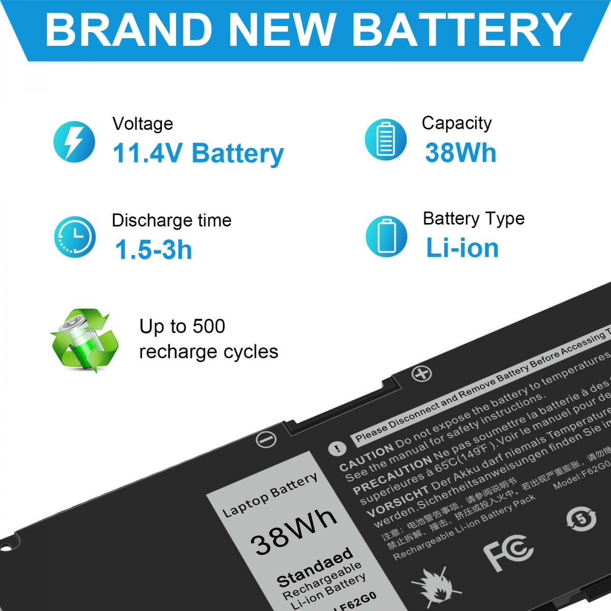 F62G0 Battery-CPY, Batteri för bärbar dator, Laptop-adapter, Bärbar laddare, Dell-batteri, Apple-batteri, HP-batteri
